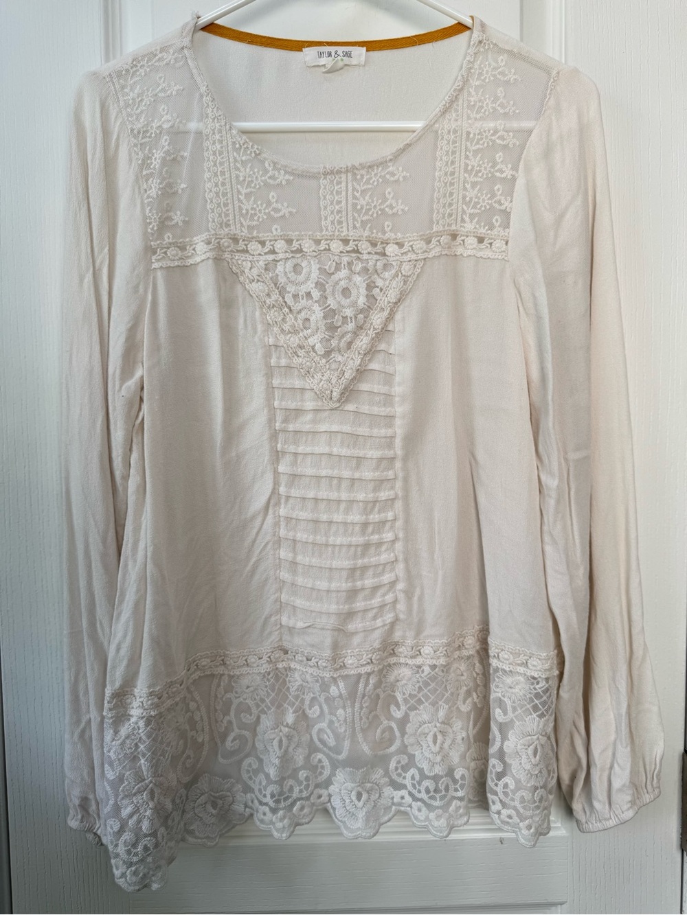 Taylor & Sage Cream Lace-Detail Long Sleeve Blouse